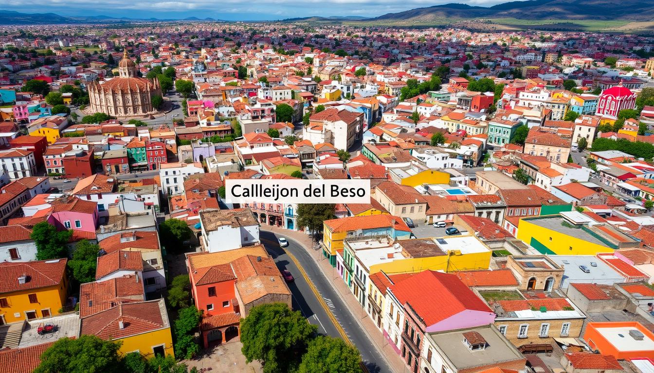 Aerial view of Guanajuato showing the location of Callejon del Beso