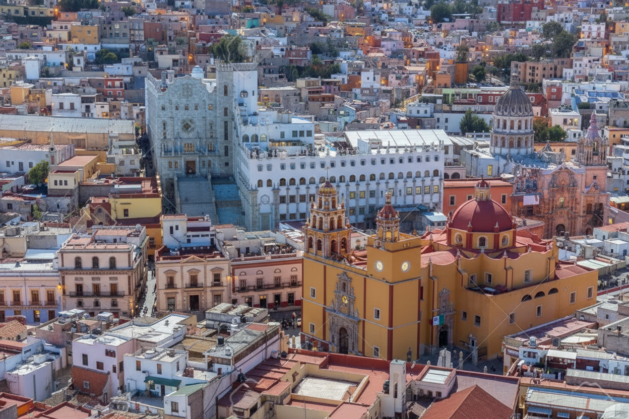 An aerial view of the dense, colorful cityscape, featuring major historic center Guanajuato attractions near Alley of the Kiss like the Basilica and University. The packed layout highlights Guanajuato colonial architecture history and explains why are Guanajuato houses so close due to topography and urban planning in Guanajuato.