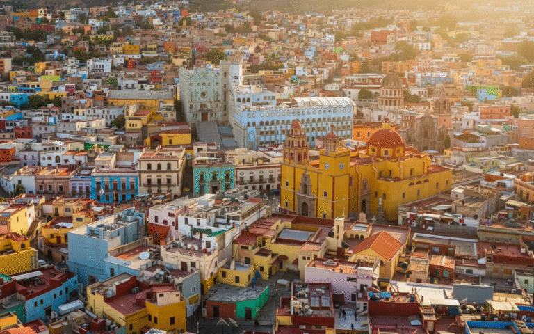 Panoramic aerial view of colorful Guanajuato city center, showing landmarks for Callejón del Beso walking directions from Jardín de la Unión.