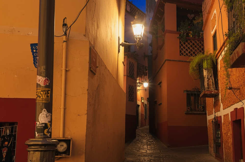 Callejón del Beso at night photo, showing narrow alley illuminated by warm lights. Is Callejón del Beso better at night or day for tourists?