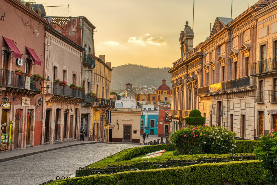 Callejón del Beso sunrise photo opportunity. Wide view of Guanajuato street and colorful colonial buildings at dawn/dusk