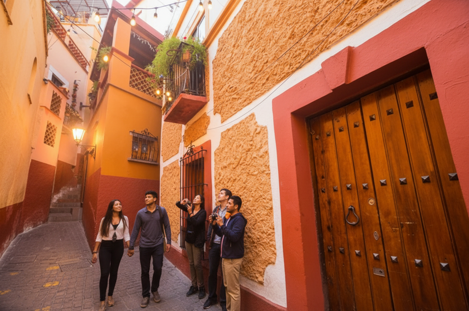 Tourists gazing up within the tight walls of the narrowest street in Mexico, one of the top sights near Alley of the Kiss. The close proximity of the balconies highlights the unique Callejon del Beso architecture and explains why is Callejón del Beso so narrow.