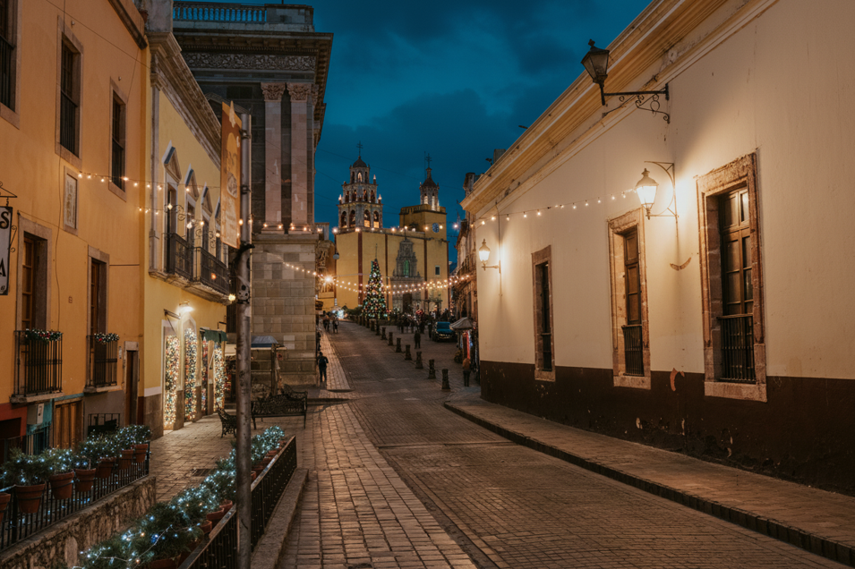A charming, illuminated street in the historic center at dusk, showing what to do around Callejón del Beso. The area is rich in Guanajuato colonial architecture history and features various historic center Guanajuato attractions near Alley of the Kiss.