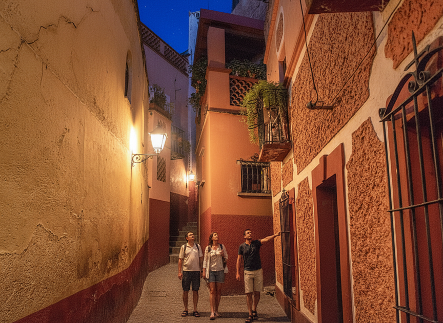 Tourists walking through a brightly lit, tight alleyway, showcasing the unique Callejon del Beso architecture. This winding path illustrates the distinct urban planning in Guanajuato and demonstrates why is Callejón del Beso so narrow and known as the narrowest street in Guanajuato.