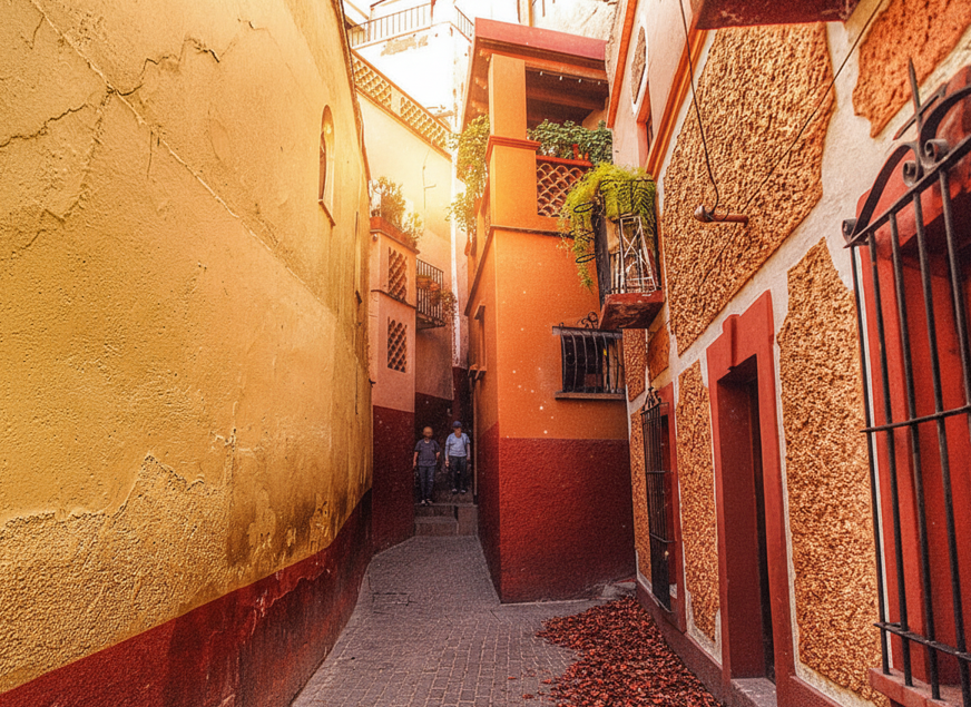 Tourists taking photos in the romantic Callejón del Beso, a must-see attraction in Guanajuato