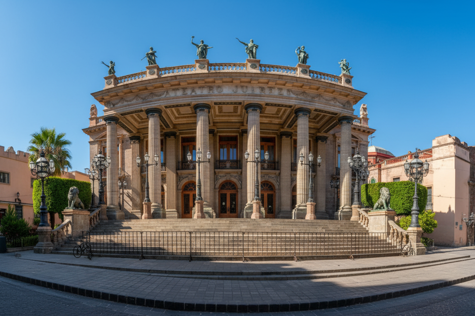 Grand neoclassical facade of Teatro Juárez in Guanajuato, a key site for the annual Cervantino festival, under a clear blue sky