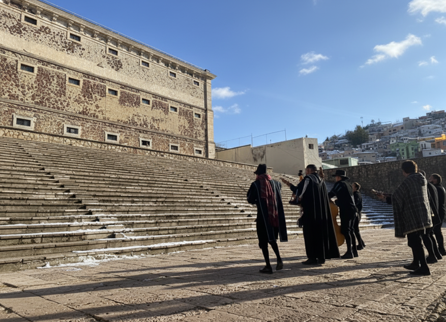Traditional musicians or estudiantina performing on the massive steps of the Alhóndiga de Granaditas in Guanajuato during the Cervantino festival, with snow on the ground.