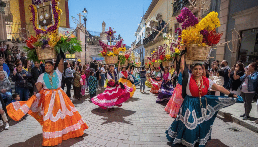 Street scene of a Mexican festival parade, showing local traditions with women dancing in brightly colored dresses and carrying massive floral arrangements.