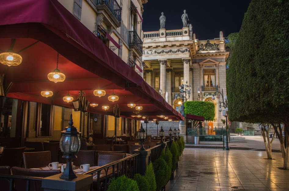 Upscale outdoor restaurant patio at night with red awning and glowing lights, offering an elegant dining experience near the historic Callejón del Beso.