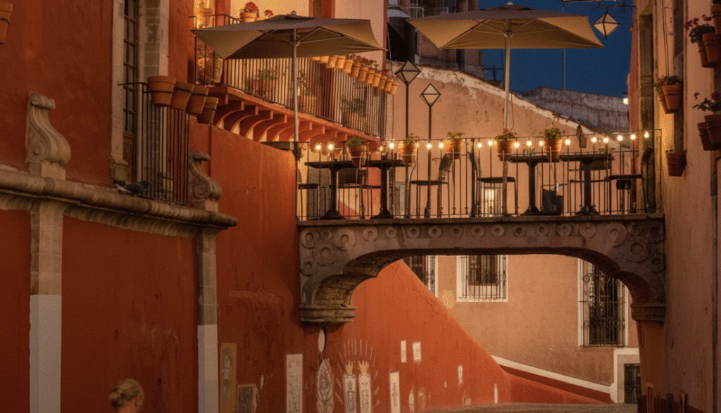 Outdoor dining balcony bridge over a narrow, terracotta-colored street in Guanajuato at night. A charming place to eat near Callejón del Beso.