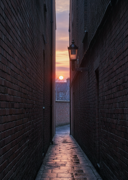 Dark, atmospheric, narrow brick alleyway with wet cobblestones reflecting a dramatic sunset visible at the end of the passage, featuring a single wall lantern.