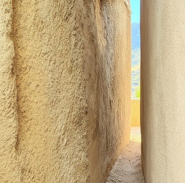 Extremely narrow alleyway between two rough, textured, light-brown earthen walls, opening to a view of hills and blue sky.
