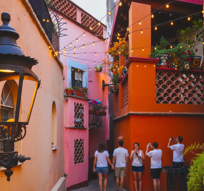 Group of tourists in a brightly decorated Callejón del Beso alley with string lights and colorful buildings, some taking photos.