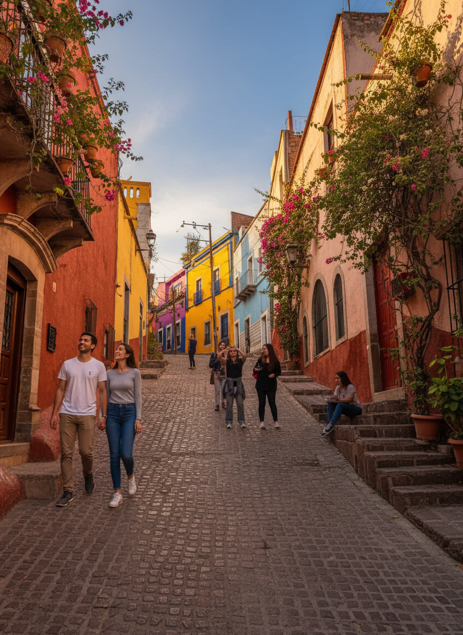 Tourists walking on a colorful Guanajuato street, ideal for avoiding crowds at Callejón del Beso. Photo showing how to get there.