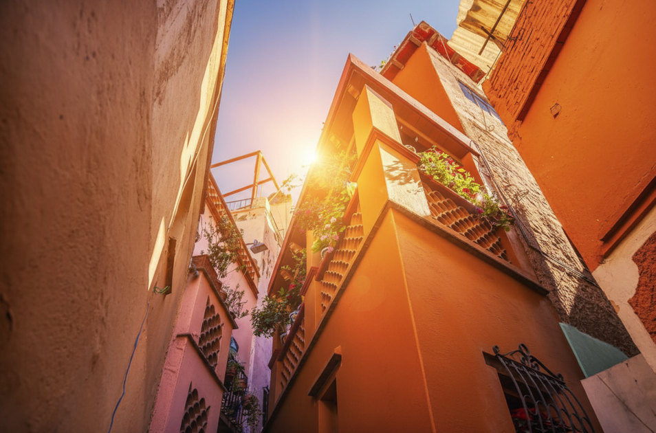 Panoramic view of Guanajuato city with Callejón del Beso in the foreground, top Guanajuato attraction