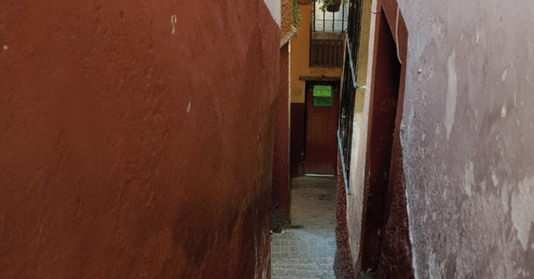 An extremely narrow, dark passage between two high, red-toned walls, characteristic of the side streets or sections of Callejón del Beso in Guanajuato, suggesting a confined space.