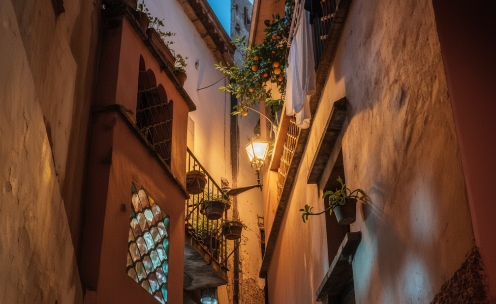 A very narrow, illuminated alley in Guanajuato, possibly Callejón del Beso, showing architectural details like a stained glass window, hanging plants, and an orange tree, with a lantern light providing warm illumination.