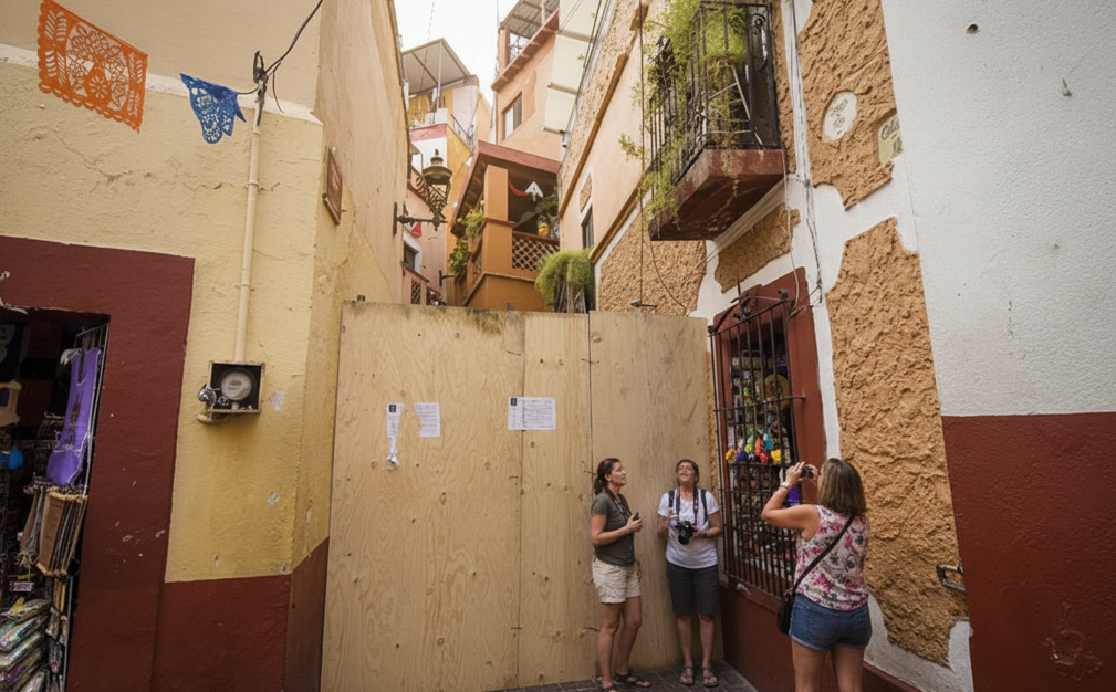 Tourists taking photos in a brightly lit, narrow alley (Callejón del Beso) with paper flags (papel picado) overhead. A section of the alley is boarded up with plywood, perhaps indicating dangers of Callejón del Beso or renovation, suggesting travelers should take precautions for Callejón del Beso.